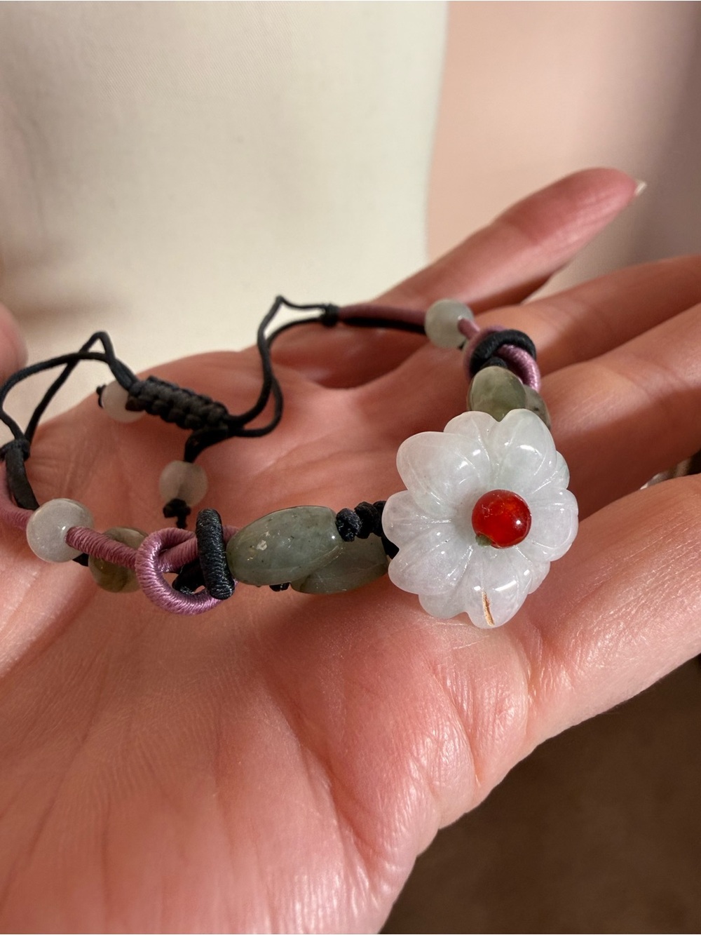 Vintage carved green jade flower bohemian fairycore string bracelet